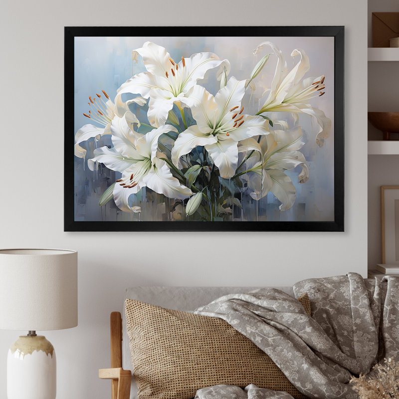 Lys blancs en fleurs - Art mural lys, Cadre simple noir, H 12 po x l 20 po x P 1 po