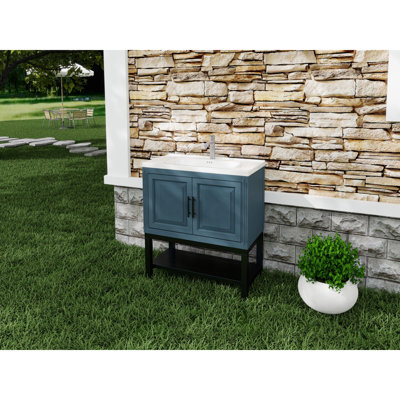 Meuble-lavabo autoportant élégant avec lavabo en céramique et tablettes en fer pour les espaces modernes