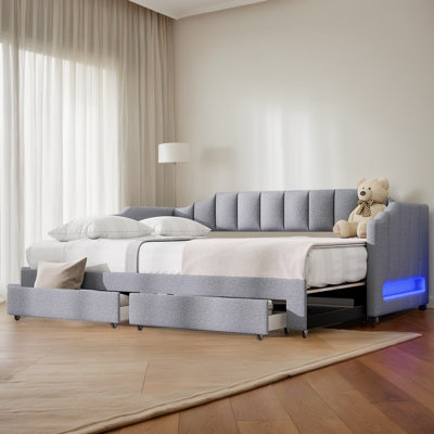 Adjustable Linen Upholstered Daybed With Twin XL Expansion, Storage Drawers & LED Features by Lark Manor