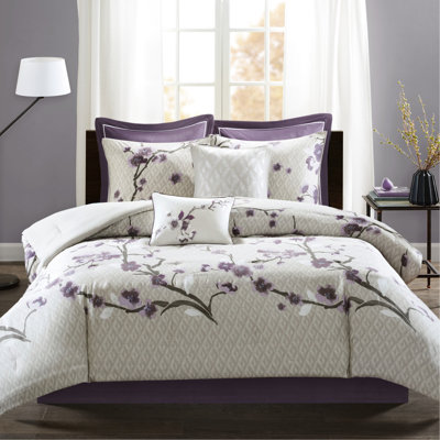 Édredon mauve / taupe 8 pièces - tissu de coton imprimé floral, literie lavable à la machine pour le coton, motif floral