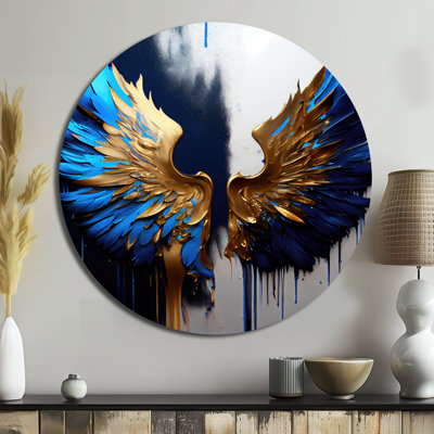 Blue And Gold Angel Wings I - Fantasy Round Metal Art