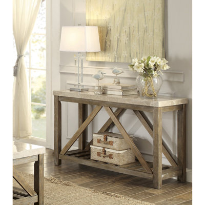 Console en marbre blanc crème Creamy, base en bois pour le salon, rectangulaire, finition patinée, support incliné, table de pièce de style tablette inférieure avec et construction