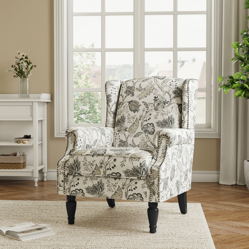 Fauteuil à oreilles tapissier à motif floral beige Duward Plants, Plants Beige 