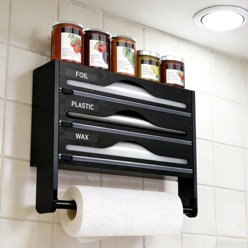 Distributeur de papier et boîte de rangement trois-en-un, organisateur de coupe mural noir pour rangement de cuisine