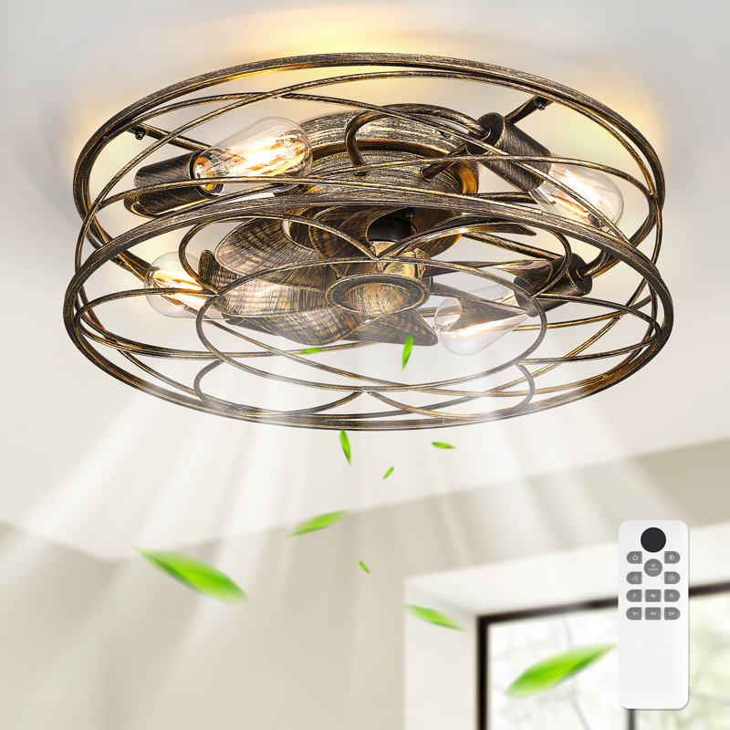 20" Low Profile Caged Ceiling Fan with Light Kit and Remote Control, Black Gold