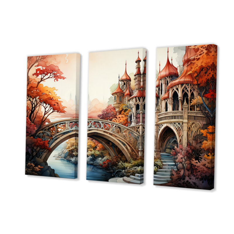 «Orange Bridge Whimsical Archway» sur toile, reproduction de 3 pièces, H 28 po x l 36 po x P 1 po, Wrapped Canvas