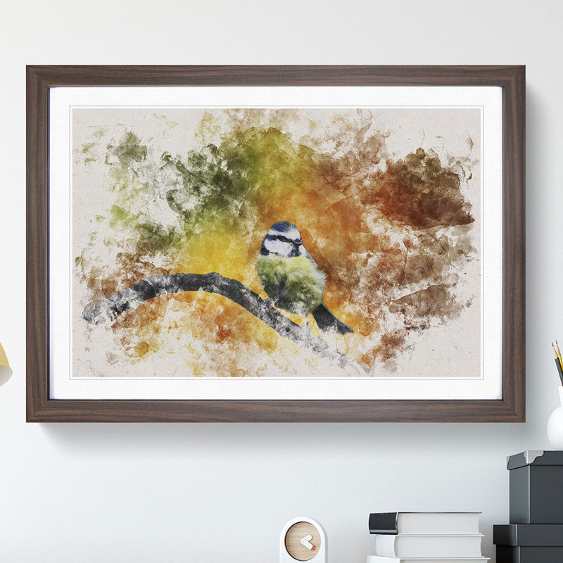 Blue Tit Bird Vol.2 Watercolour - Picture Frame Graphic Art, 27cm H x 36cm W x 2cm D, Walnut