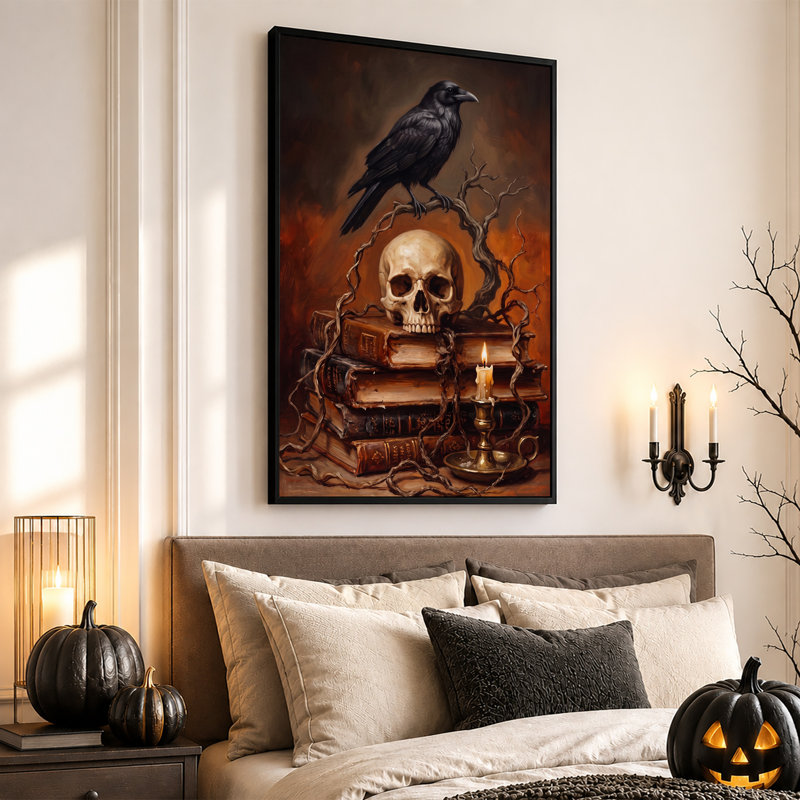 Art sur toile, corbeau gothique foncé perché sur un crâne et des livres, H 36 po x l 24 po
