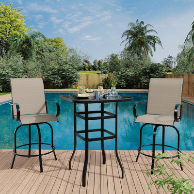 Ensemble de bar pivotant 3 pièces pour l'extérieur, tabourets hauts en textilène avec table en verre, ensemble bistro rotatif à 360 ° pour le jardin, le balcon, le bord de la piscine