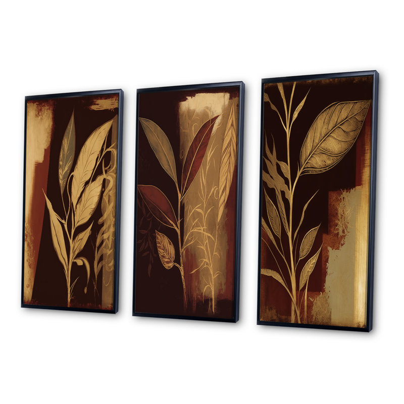 «Terra Cotta Chocolate Leaves», 3 pièces sur toile, Cadre flottant noir, H 20 po x l 36 po