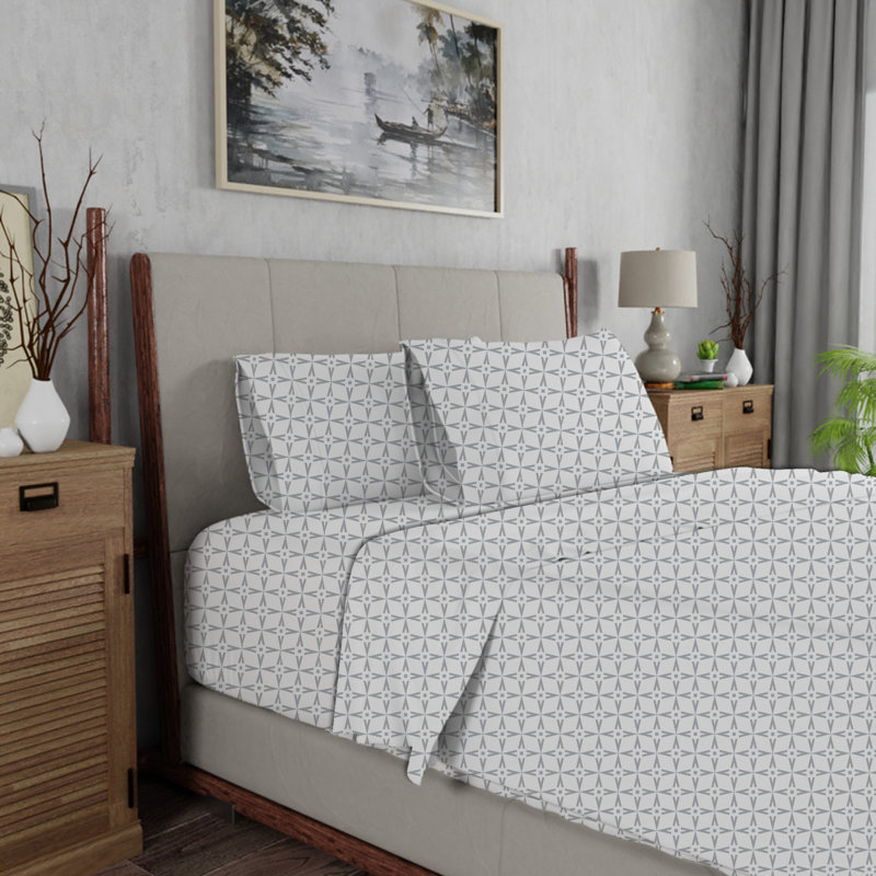 Twin XL Gray Square Star Cotton Blend Percale Sheet Set