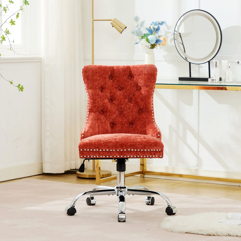 Chaise de bureau, chaise de bureau rembourrée capitonnée avec base en métal, Orange, Orange