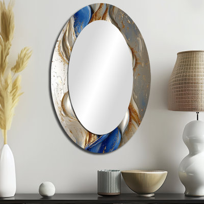 Rhythmic Golden Ink Waves Fusion II - Miroir décoratif ovale abstrait sur métal
