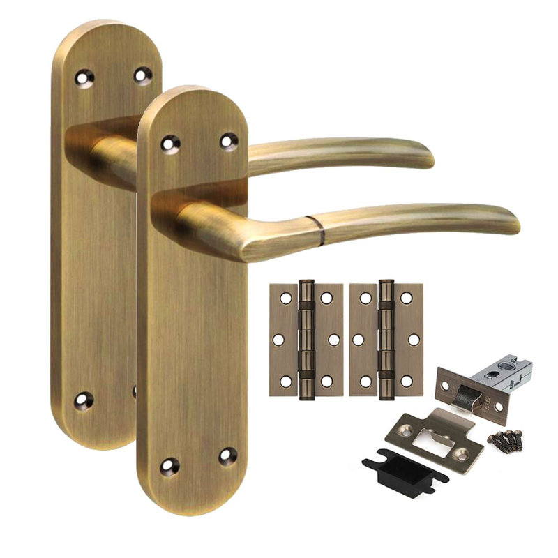 Golden Grace 1 Pair Victorian Indiana Design Long Rounded Backplate Internal Door Handle Antique Brass with 2.5" Latch & Hinges - 182mm x 45mm