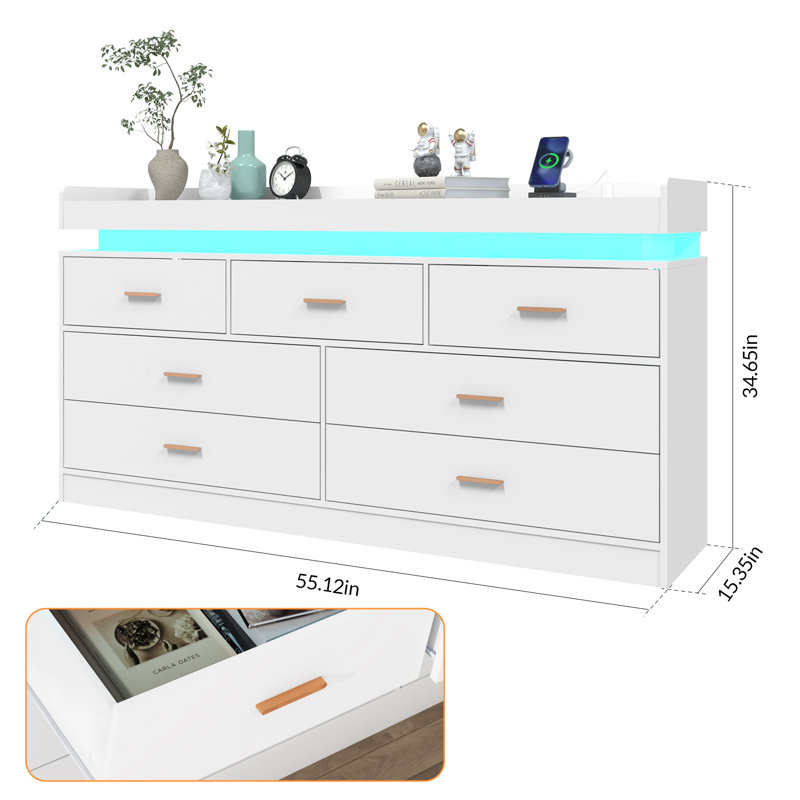 7 Drawer 55.13" Dresser With LED Light, Sockets, Type-C Port And USB Port, White