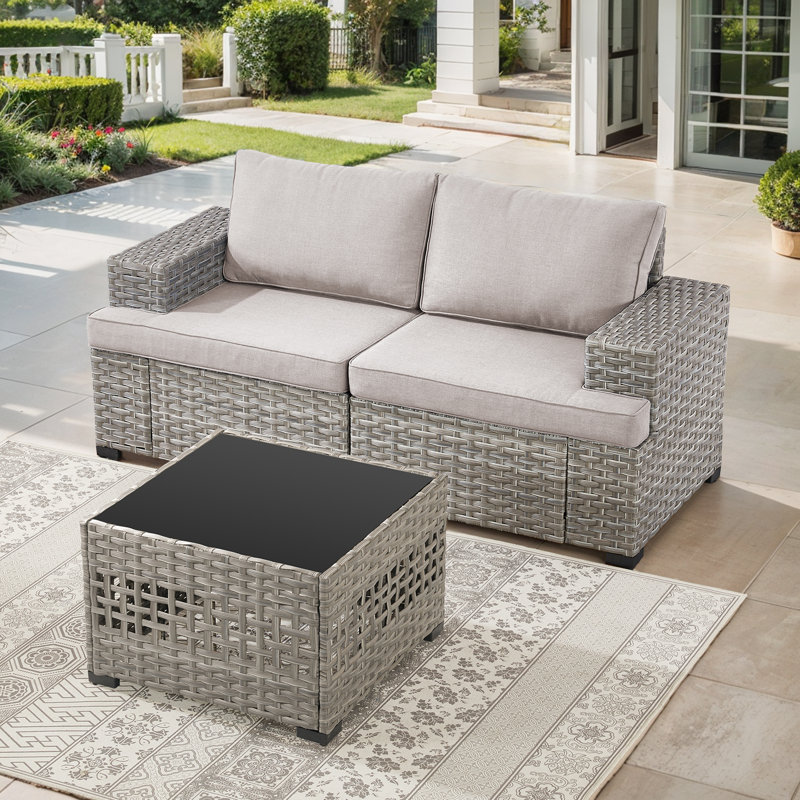 Causeuse d'extérieur en rotin avec coussins et table basse Clute Arnoltice, Beige