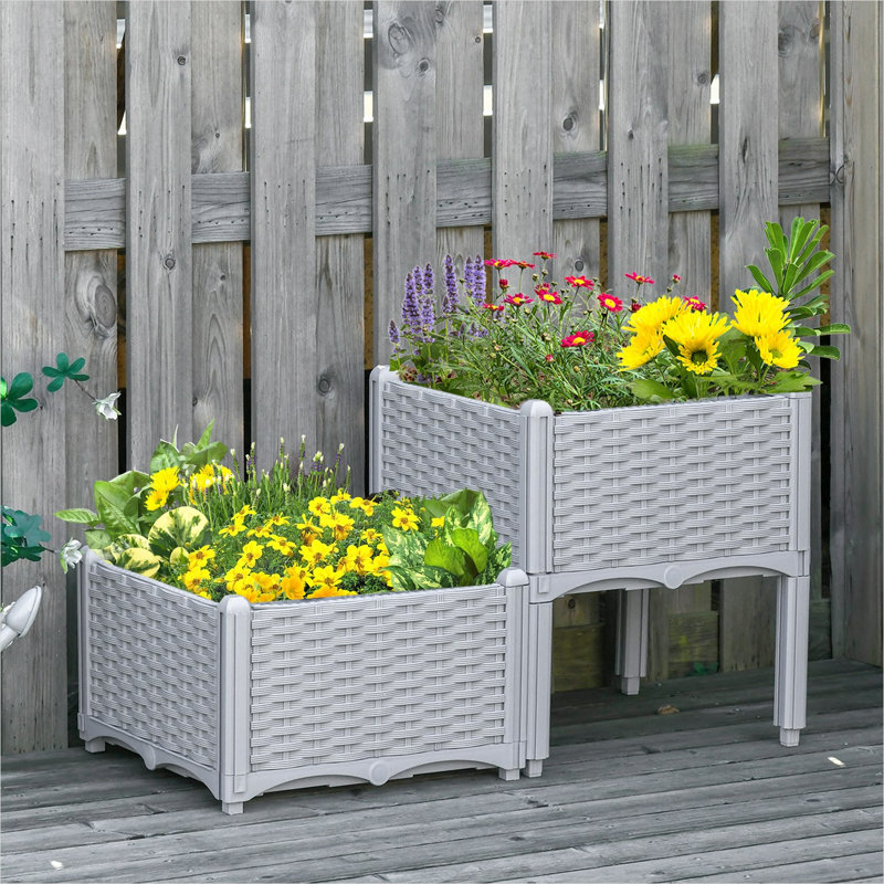 Ensemble de 2 pots de jardin surélevés en polypropylène gris neutre avec jardinière modulaire à arrosage automatique avec pieds pour fleurs, herbes et légumes