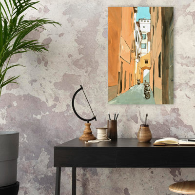 Toscane, ruelle étroite, ciel bleu, paysage urbain, peinture, art naturel, art contemporain