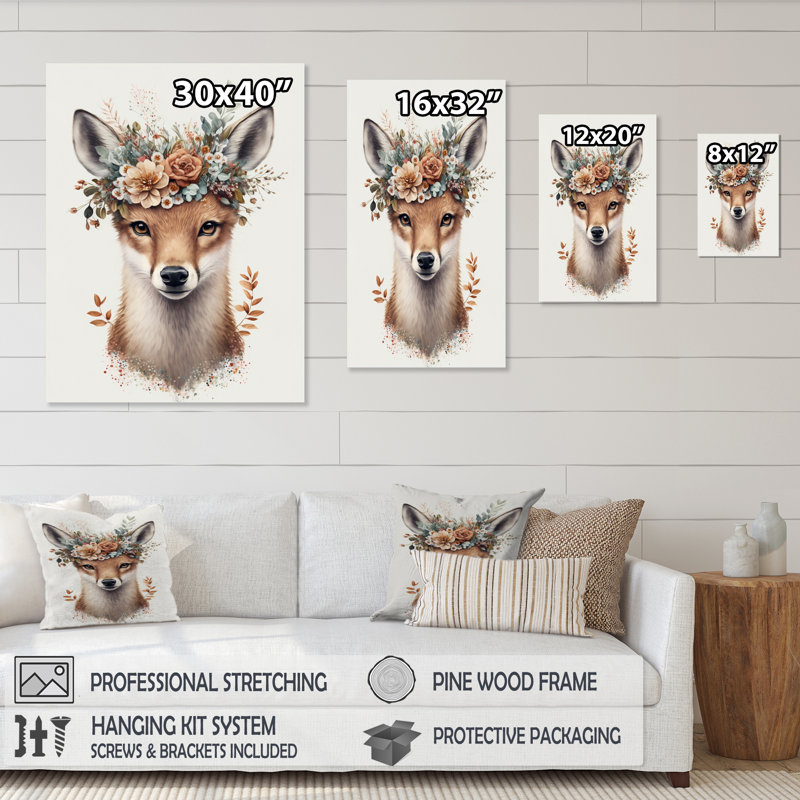 Mignon bébé renard avec couronne florale IV - animaux, art mural sur toile, L 12 po x H 20 po, Toile tendue