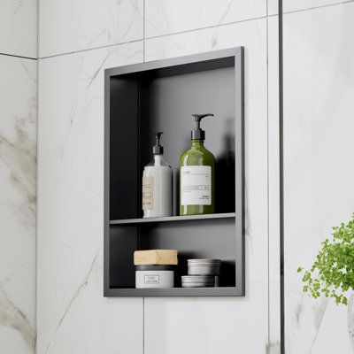 18" W X 14" H X 4" D Waterproof Recessed Shower Niche With Double Shelves In Matte Black, No Tile Needed