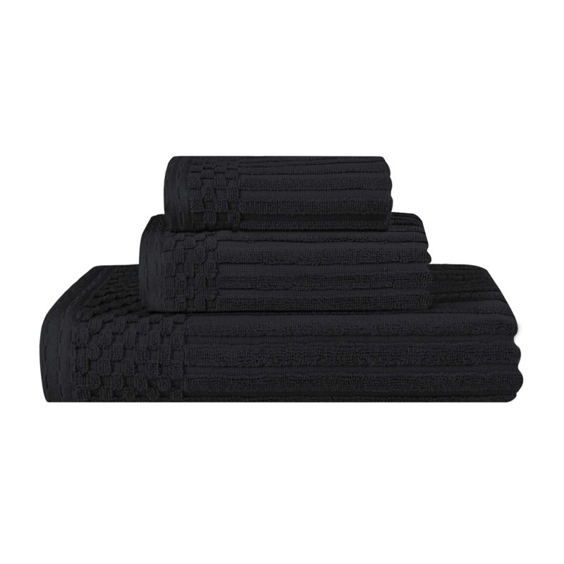 Kaelea Soho Cotton Ribbed Checkered Border Medium Weight 3 Piece Assorted Bathroom Towel Set, Teal, 3 Piece Towel set
