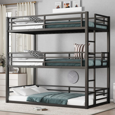 Twin Over Twin Over Twin Metal Bunk Bed With Safety Guardrails, Heavy-Duty Design, And Noise-Reduced Construction For Comfortable And Safe Sleep