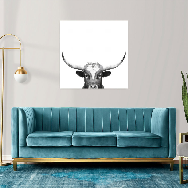 Art mural contemporain abstrait Peeking Longhorn BW, H 36 po x l 36 po, Black/White