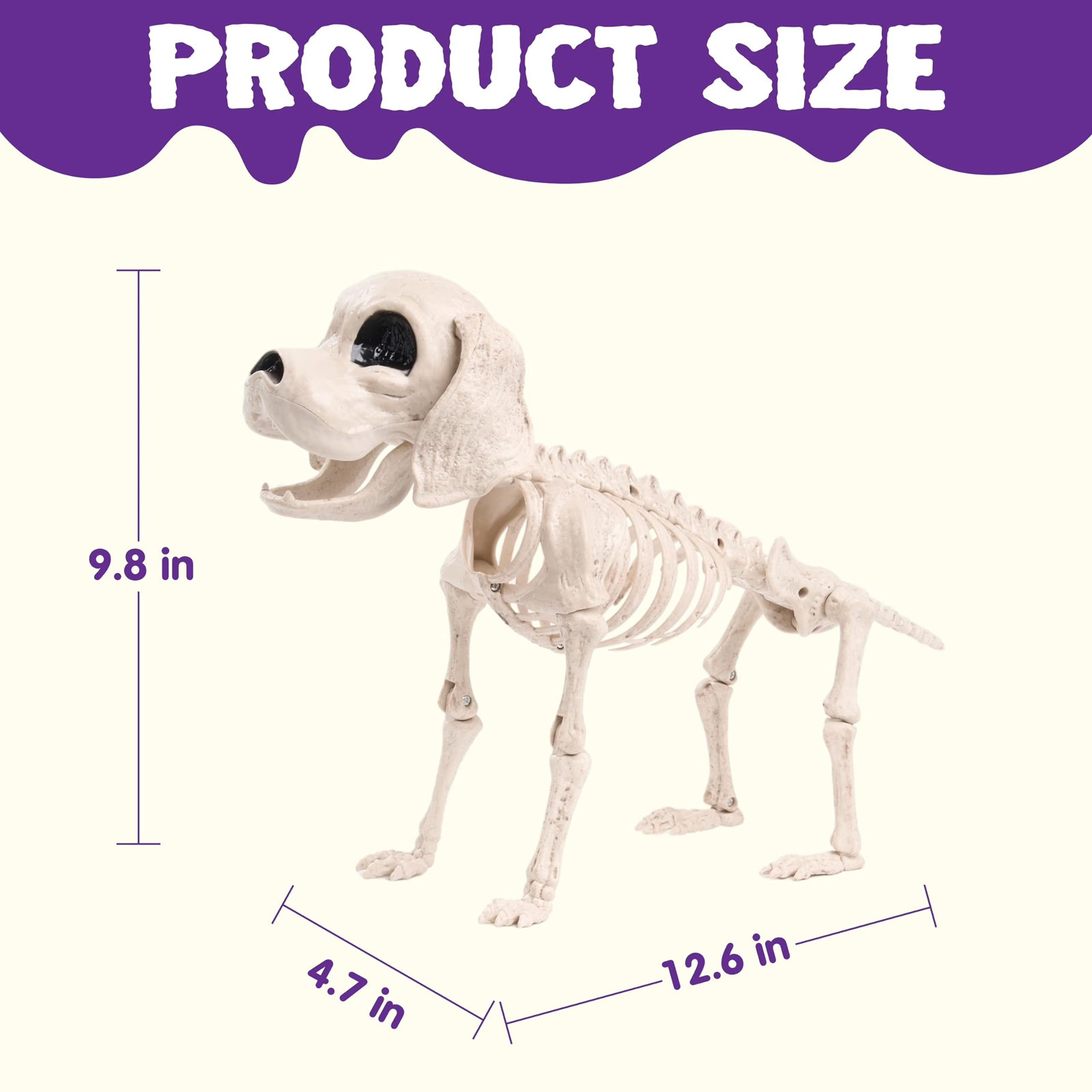 Posable Halloween Dog Skeleton Full Body Posable Joints Skeleton Puppy for Halloween Decoration, Graveyard Party Deco (9.8” X 4.7” X 12.6”)