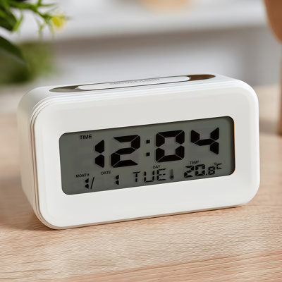 White Minimalist Digital Alarm Clock, Desktop Clock with Temperature, Day & 24 Hour Time Display for Bedroom Office