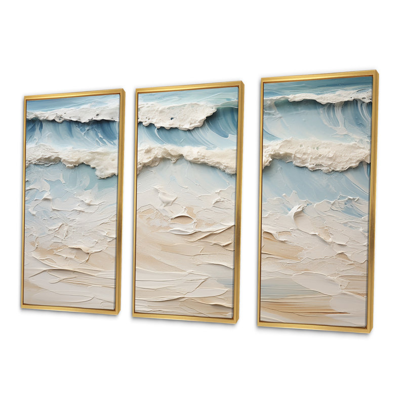 «Beige and Blue Coastal Beach Paint I», ensemble d'art sur toile de plage, H 40 po x l 60 po x P 1 po, Cadre flottant doré