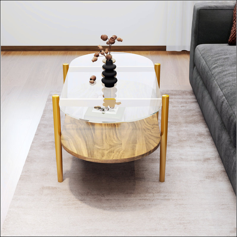 Table basse ovale en verre, H 17,24 po x L 40,83 po x l 18,31 po, Noyer