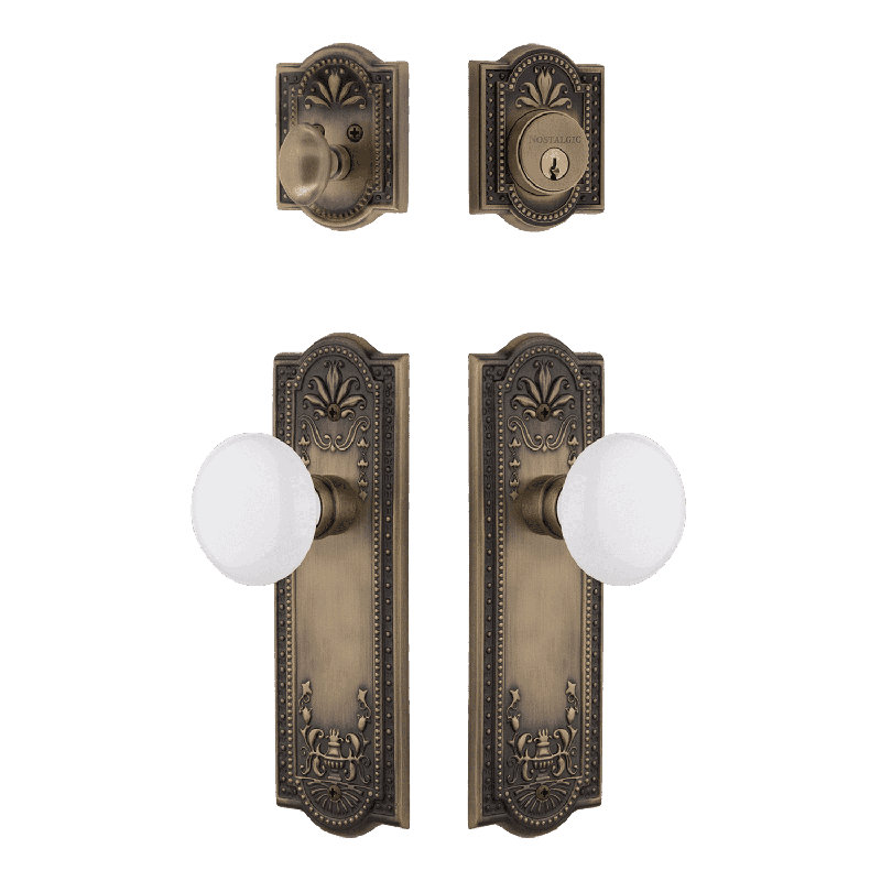 Nostalgic Warehouse Meadows Entry Set with Porcelain Knob, White/Antique Brass, 2.375