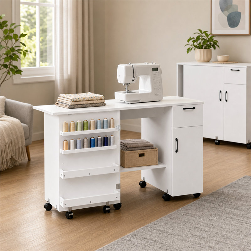 Bureau de couture pliant avec tiroir coulissant et tablettes de rangement