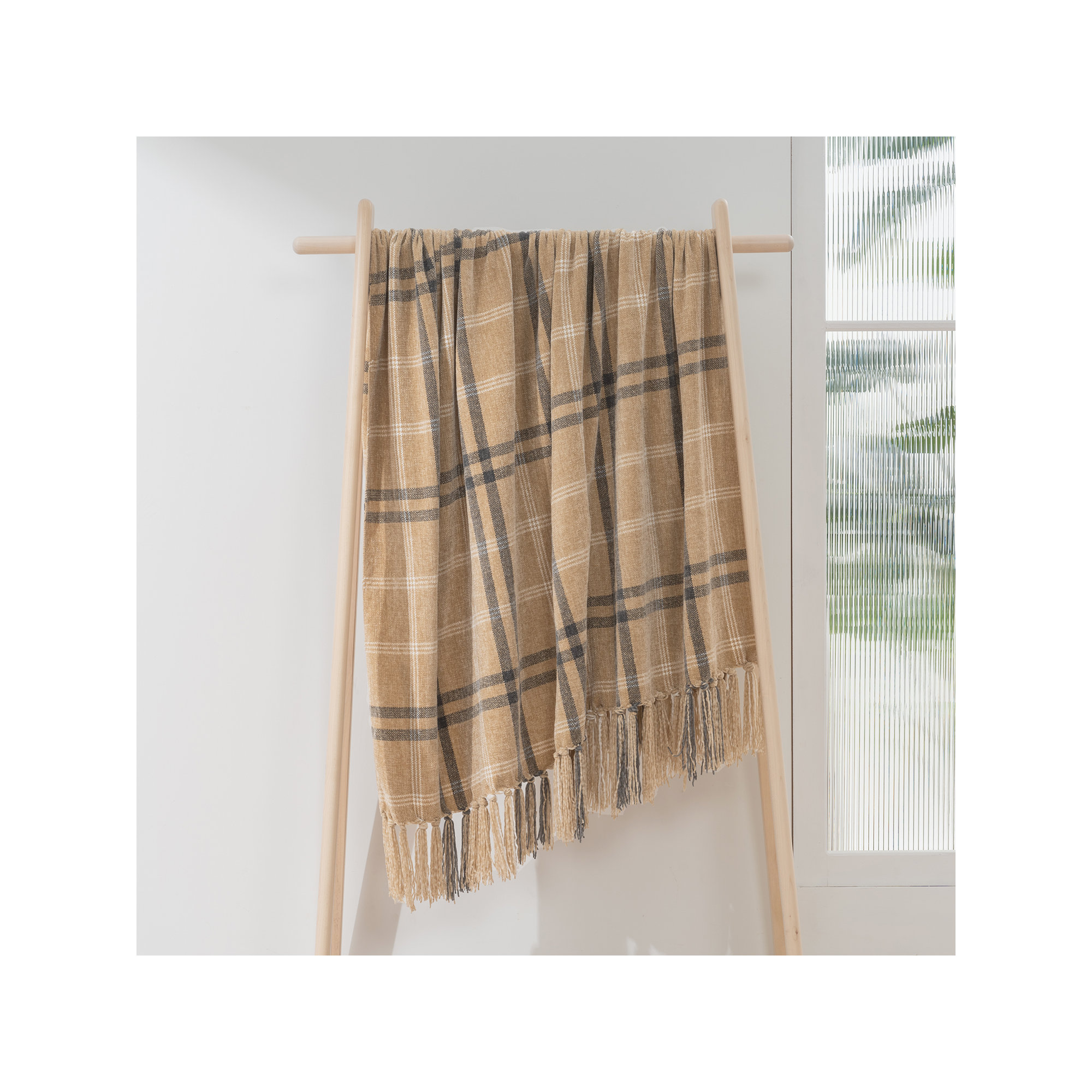 Soft Chenille Throw Blanket, Khaki/Gray Plaid, 60" L x 50" W