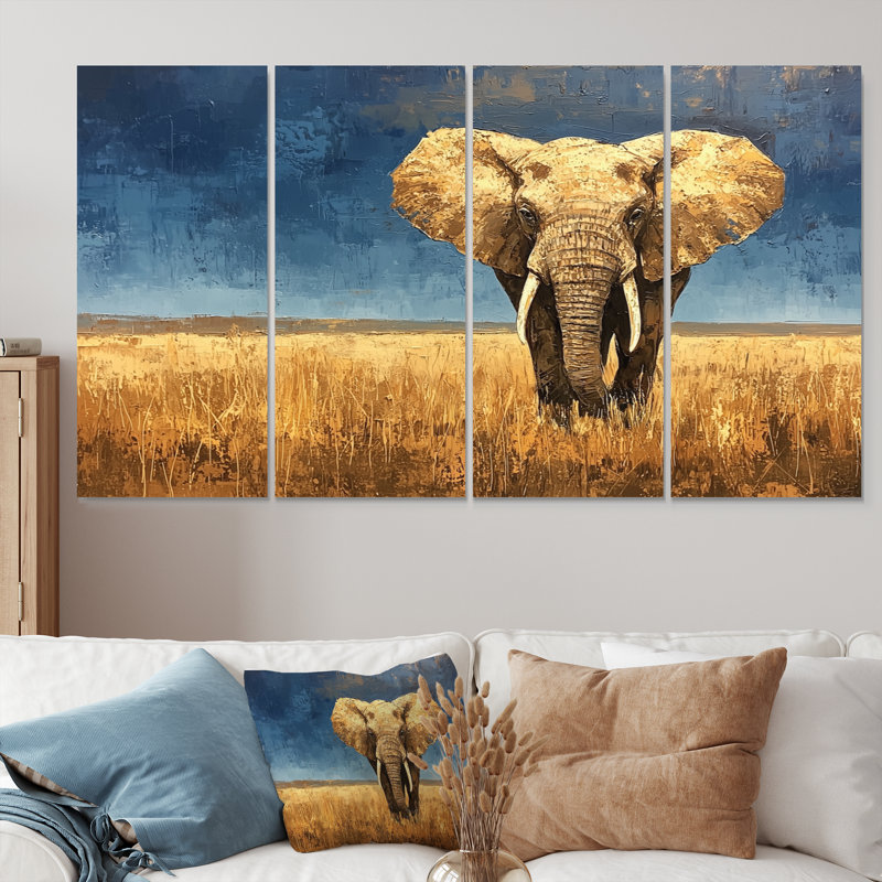 Éléphant dans les plaines d'Afrique I - Art mural animal éléphant - Art mural moderne sur toile, H 28 po x l 48 po