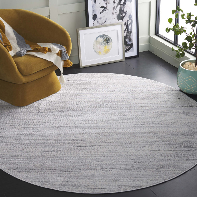 Tapis en polyester / polypropylène tissé à la machine en gris ivoire / gris foncé, Rond 6 pi 7 po