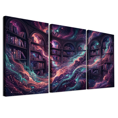 Ensemble de 3 toiles murales « Bibliothèque fantastique avec nébuleuses violettes et turquoise »