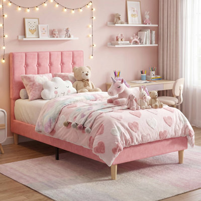 Gurit Modern Upholstered Twin Bed Frame, Tufted Velvet Headboard, Low Profile Platform Bed with Strong Wooden Slats