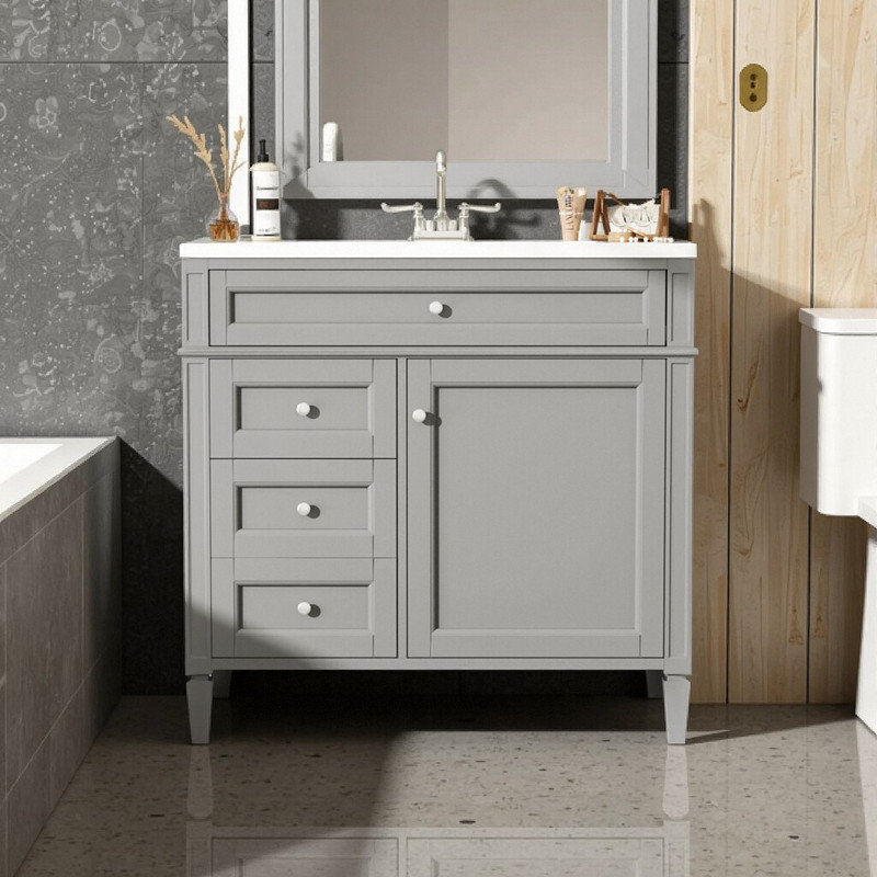 Meuble-lavabo de 36 po en bois massif avec 2 tiroirs et un tiroir basculant, Gris