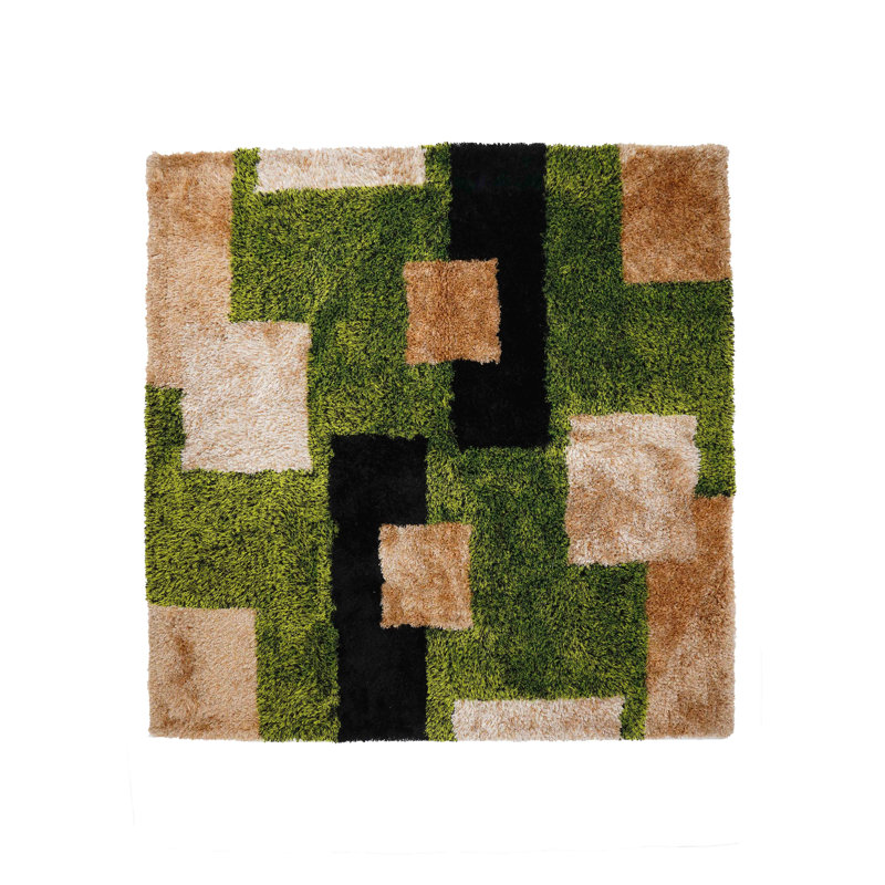 Heller HAND TUFTED SHAG POLYESTER ECO-FRIENDLY AREA RUGS  - Square | Green Beige | Geometric Modern | High Pile | Thick Handmade | Anti Skid | Rugs for Living Room