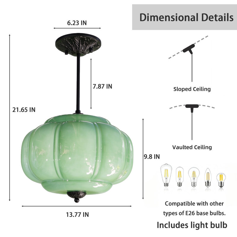 Plafonnier en verre de style citrouille, 2 en 1, convertible en suspension et en plafonnier semi-encastré, avec ampoule E26 à changement de couleur