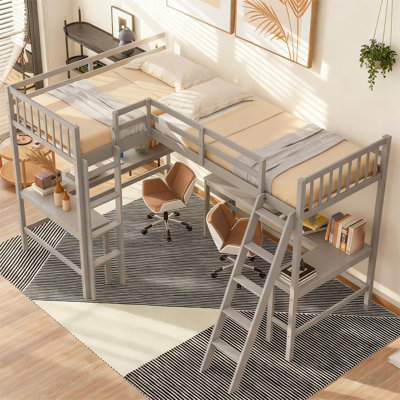 Twin L-Shaped Loft Bed with 2 Built-In Desks, Solid Wood Frame, Dual Twin Beds, Study & Storage Space — Space-Saving Modern Design