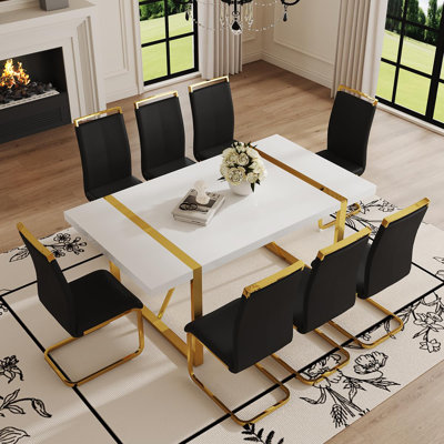 71" Modern Dining Room Table Set, High Gloss Kitchen Table With Chairs, Faux Leather Seats With Gold Metal Legs