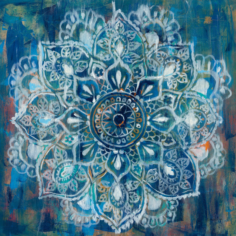 Mandala en bleu II, H 12 po x l 12 po x P 1,25 po, Non, Toile avec cadre argenté