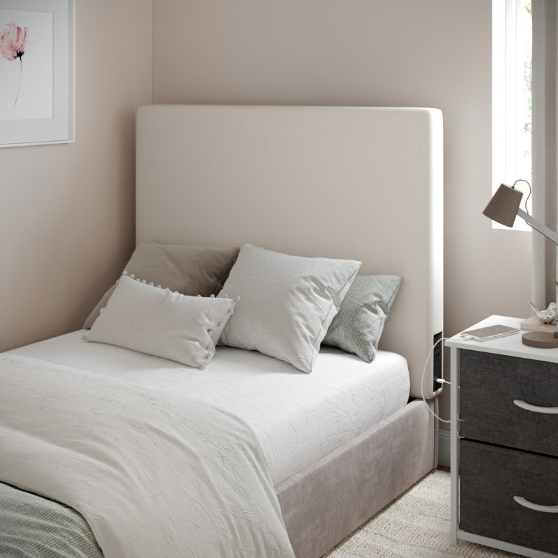 Upholstered Headboard With 2 Power Outlets, 1 USB, 1 USB-C Port, Beige