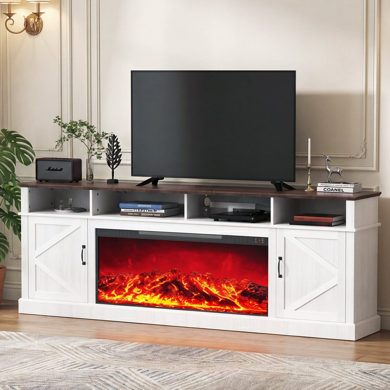 Meuble télé avec foyer électrique 90 po, armoires à deux portes avec minuterie et température réglable, Blanc