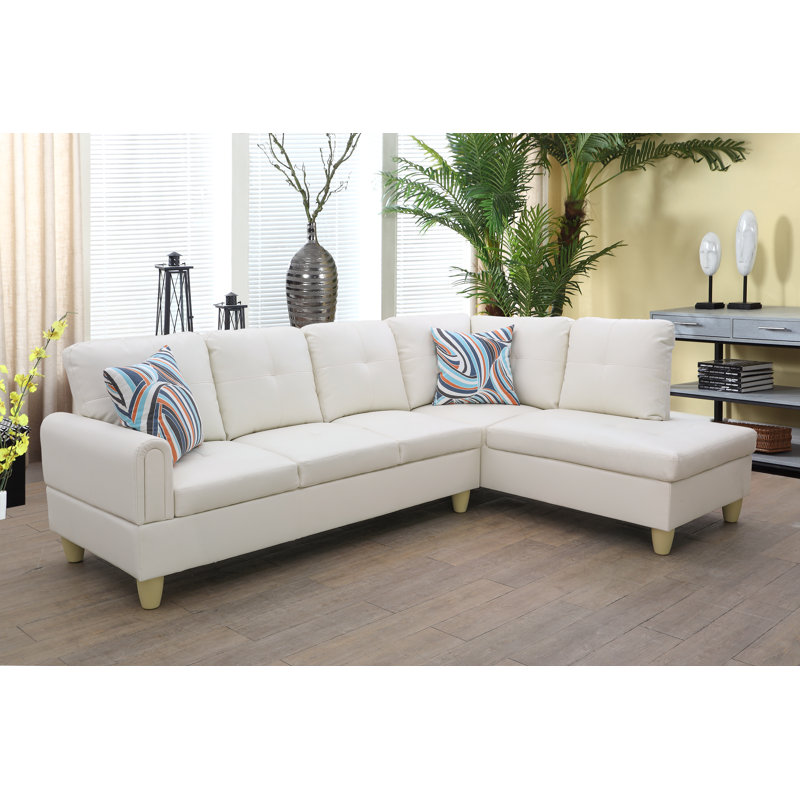 Renford Upholstered L-Shaped Sectional, Right Hand Facing, White Faux Leather