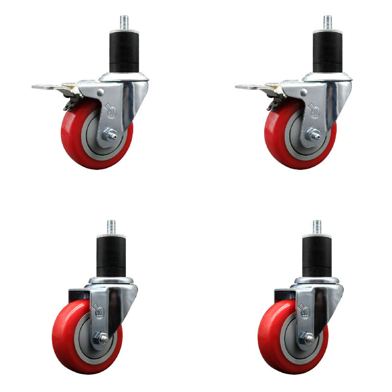 Ensemble de roulettes à tige extensible en polyuréthane pivotant 3,5 po 3,5 po - 2/3 freins à verrouillage total, Rouge