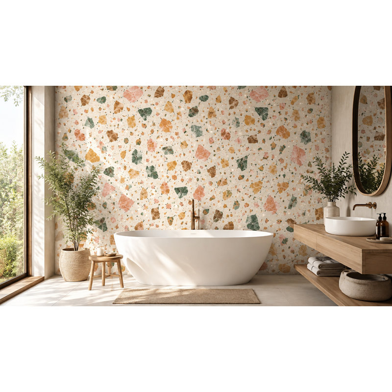 Papier peint crème moderne à motif d'éclats de pierre terrazzo colorée, Échantillon l 23,6 po x H 8,7 po, Vinyle