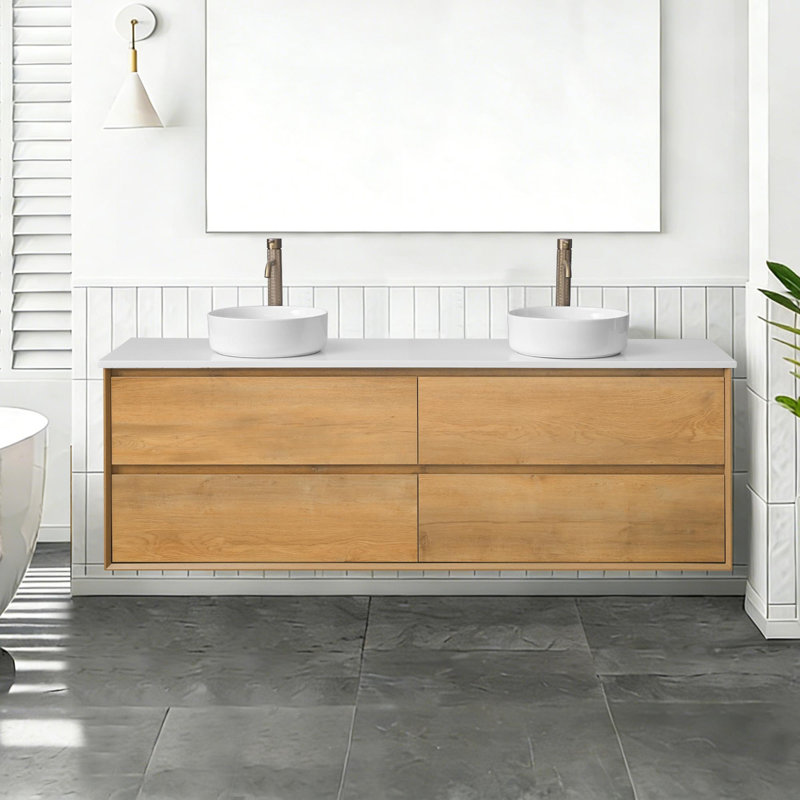 Meuble-lavabo mural moderne avec lavabo vasque rond et 4 tiroirs, Rond, 72